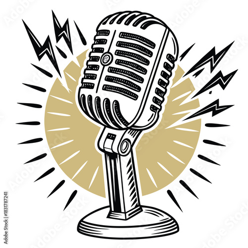 Vector illustration vintage broadcast microphone with sound waves and lightning bolts, for audio recording concept
