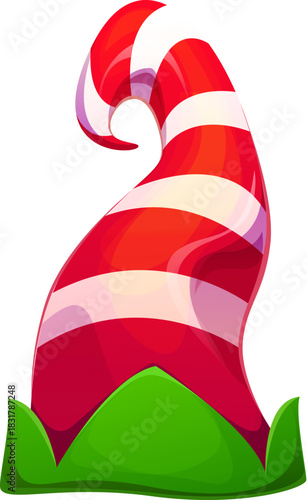 Christmas elf hat, Santa helper cap, striped red, white and green vector headwear accessory. Cute cartoon Leprechaun costume, funny fairy and xmas holiday fantasy clothes, winter festive decoration