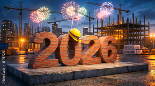 Numbers 2026, made of brick texture, stand on a concrete surface, with a yellow construction helmet resting on them. Construction site and fireworks are in the background. Concept for Merry Christmas 