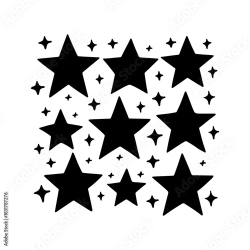 Artistic design featuring a variety of star shapes in black against a white background for creative projects