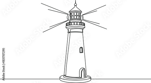 One Line Nautical Lighthouse with Light Rays.