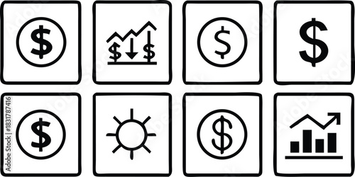 Vector illustration set of eight simple black and white finance and money related icon symbols