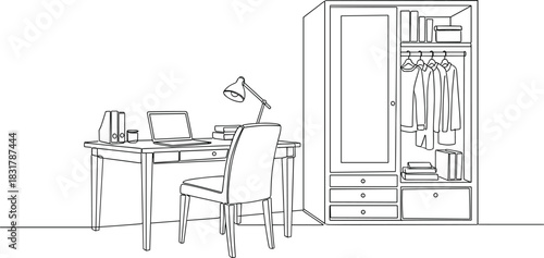 Simple One-Line Office Furniture and Desk Arrangement.