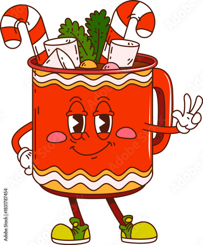 Groovy Christmas hot chocolate character with marshmallow and candy cane. Retro cartoon mascot with comic 70s vibe. Funky vector winter drink for merry xmas party