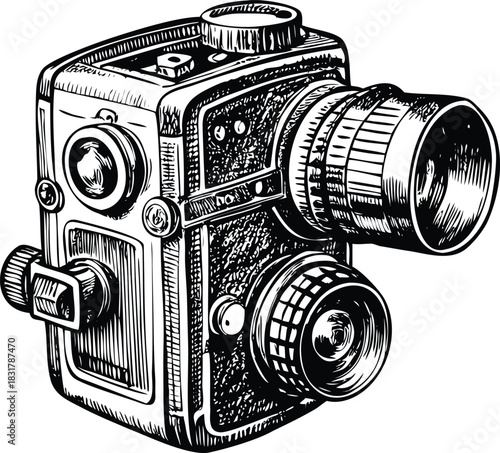 Vector illustration vintage 8mm film movie camera in black and white hand drawn sketch style