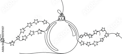 One Line Sketch of Holiday Card with Large Ornament and Star Garlands.