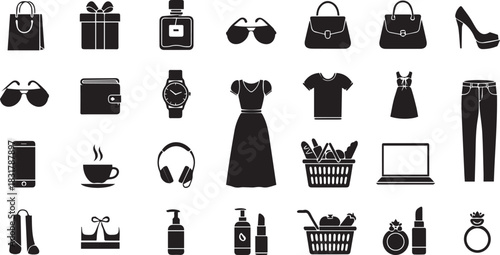A clean, modern 20‑piece shopping item silhouette vector set: crisp black cut‑out shapes on white, minimal style, smooth edges, ready for commercial or editorial use. Includes essentials like shopping