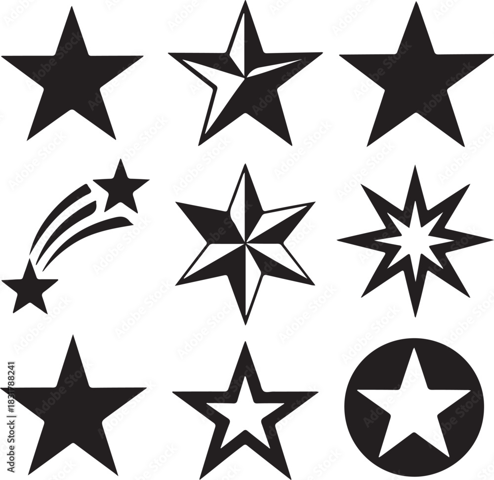 Fototapeta premium Diverse Collection of Black Star Icons and Geometric Shapes for Graphic Design Projects and Achievements