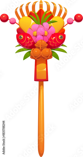 Cartoon Japanese kumade lucky rake decoration with fish, flowers, bamboo and bright festive elements. Vector holiday charm, traditional new year ornament symbolizing prosperity and fortune in Japan