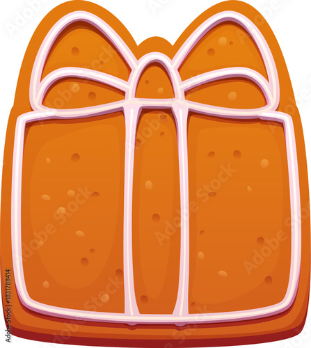 Cartoon Christmas gift box gingerbread cookie with ribbon icing, baked texture, sweet glaze and festive ornament. Vector ginger bread present dessert, biscuit food, cozy winter holiday confectionery