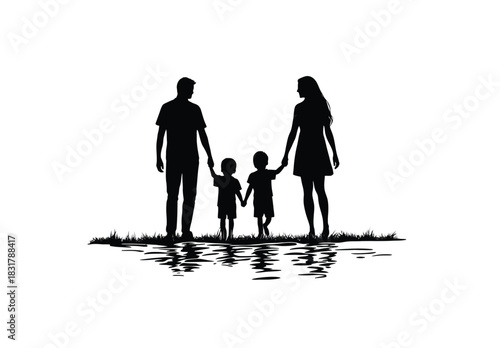 Black and white silhouette of a family with two adults and two children