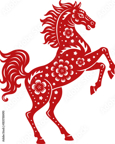Red horse animal with flowers pattern, Asian Chinese new lunar year and horoscope symbol of power. Vector mare or stallion silhouette shows dynamic posture, festive zodiac symbol of 2026 Asia New Year