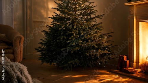 Undecorated Christmas tree in cozy living room with warm lighting, candles, fireplace glow, minimalist holiday interior atmosphere