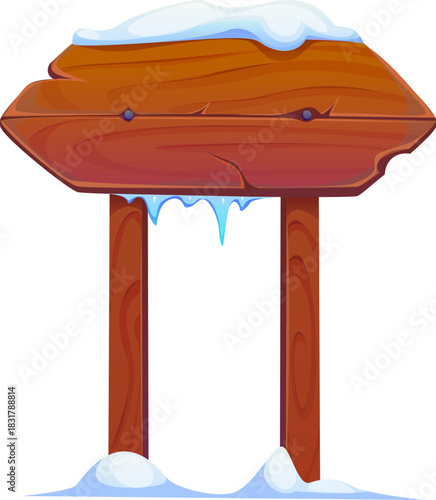 Cartoon rustic wooden signboard with snow on top and icy edge. Winter Christmas north pole sign with snowy wood board on two posts. Vector xmas signpost with blank arrow plank for message or direction