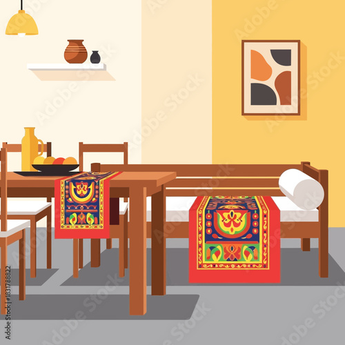 Cozy dining room with vibrant textile accents and bohemian wall art