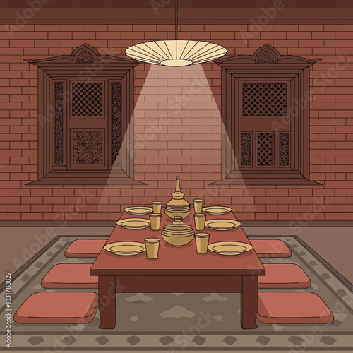 Cozy Dining Room Interior with Traditional Design Elements Illustration