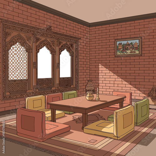 Cozy interior room with ornamented windows and minimalist seating design