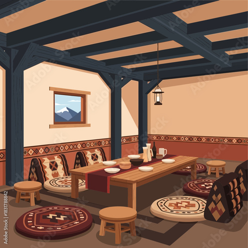 Cozy rustic interior with ethnic ornaments and mountains view background