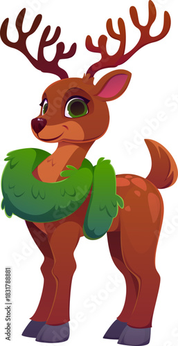 Christmas reindeer or cartoon deer animal character for winter holiday, vector personage. Funny deer in green furry scarf with happy face for Christmas greeting, New Year and Xmas character
