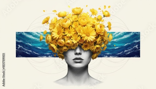 Fototapeta Naklejka Na Ścianę i Meble -  Pencil sketch of a woman's face with a vibrant bouquet of yellow flowers for hair and a blue ocean wave element in a surreal, artistic collage on a light background