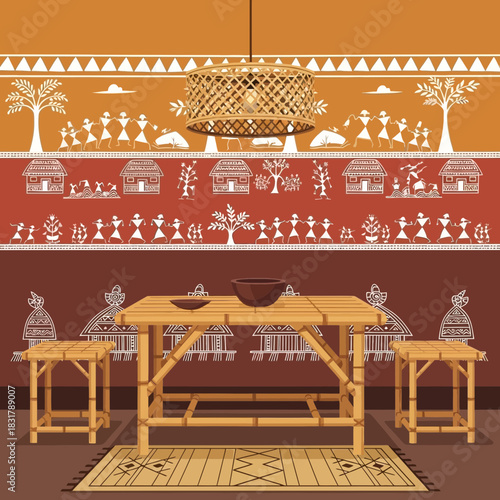 Ethnic inspired dining room with tribal art and bamboo furniture setting