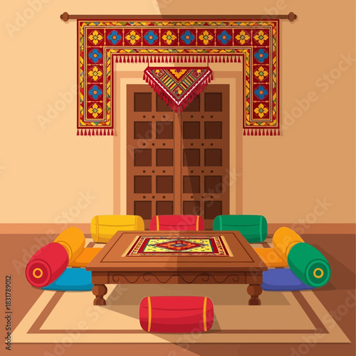 Enchanting Middle Eastern-Inspired Living Room with Geometric Rugs and Pillows