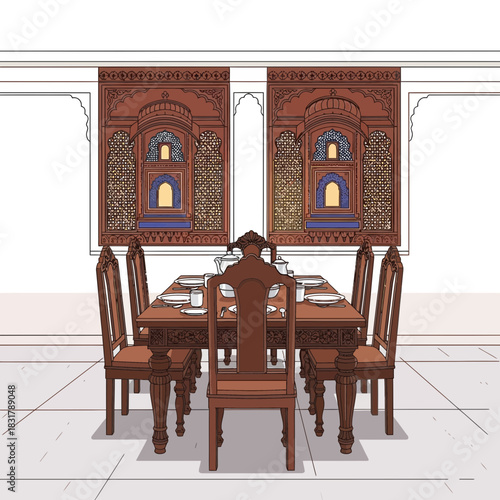 Formal dining room with antique wooden furniture and intricate window design