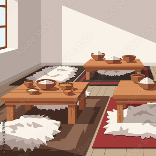 Interior illustration depicting cozy dining scene with tables and cushions