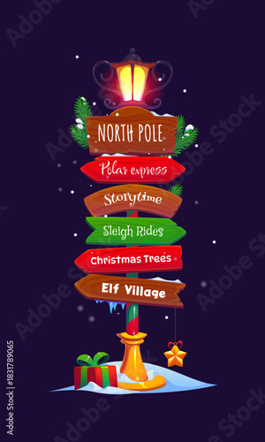 Cartoon Christmas North Pole signpost. Festive vector holiday sign showing direction arrows for xmas storytime, Polar express, sleigh rides, Christmas trees and elf village. Traditional seasonal decor