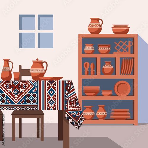 Interior scene showcasing rustic pottery and textiles in a minimalist style