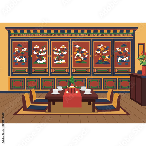 Intricate Bhutanese Interior Design with Traditional Artwork and Furnishings
