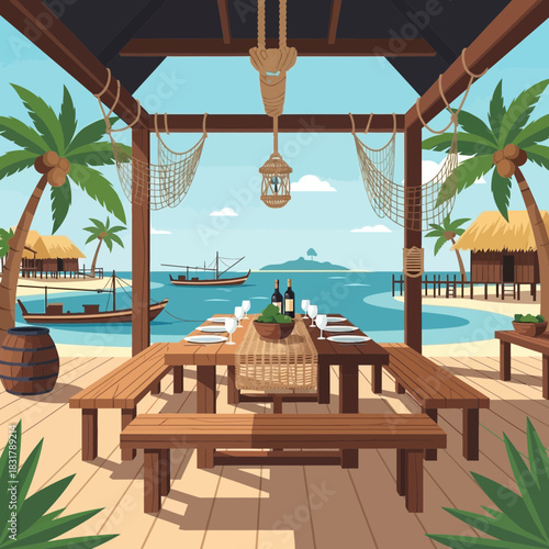 Scenic Tropical Dining Area Overlooking an Idyllic Island Paradise Retreat