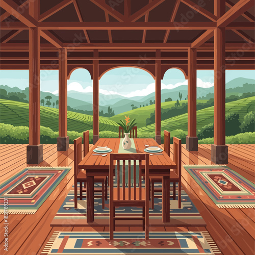 Serene outdoor dining area overlooking lush mountain views scenery illustration