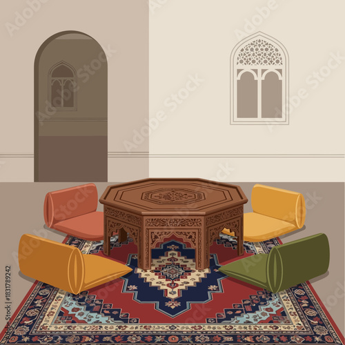 Serene oriental lounge interior with ottoman table and floor seating arrangement