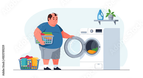 Man doing laundry, putting clothes into washing machine.