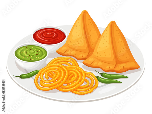 Two golden-brown samosas and syrupy orange jalebi spirals sit on a white plate, accompanied by fresh green chilies and bowls of zesty red and green chutney for a savory Indian treat