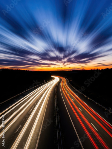 Highway at dusk with light trails from vehicle traffic
