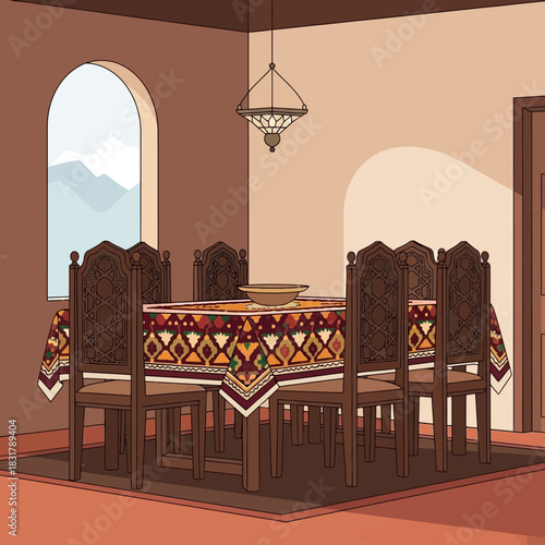 Warm and inviting dining room scene with intricate design elements table setting
