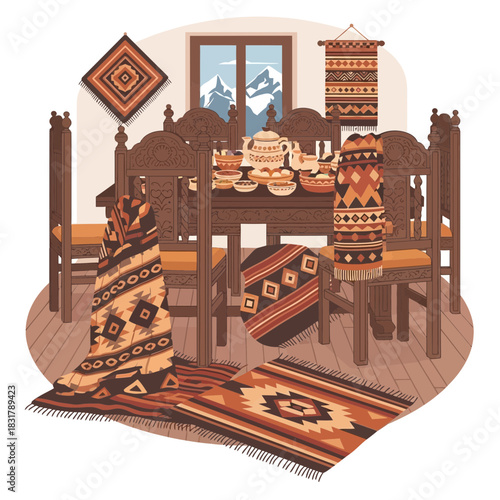 Warm earthy-toned dining room with vintage furniture and textiles decor