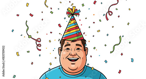 Happy man wearing party hat celebrating with confetti and joy.