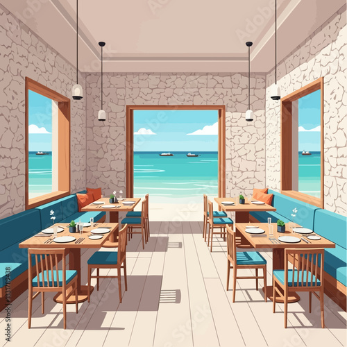 A stylish seaside restaurant interior offering a tranquil dining atmosphere