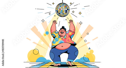 Happy plus size person dancing joyfully under a disco ball.