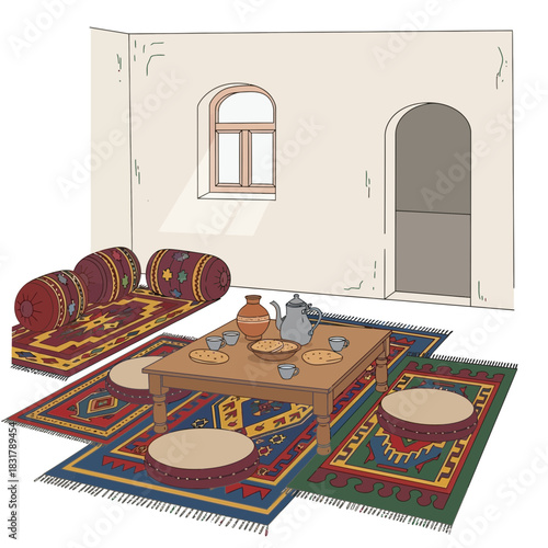 A stylized illustration of traditional Middle Eastern seating and tea table setup