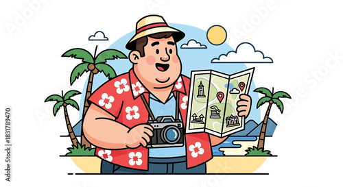 Happy tourist exploring map with camera during vacation travel.