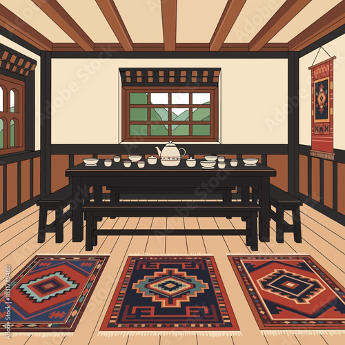 An Interior Drawing of an Exotic Dining Room with Traditional Accents