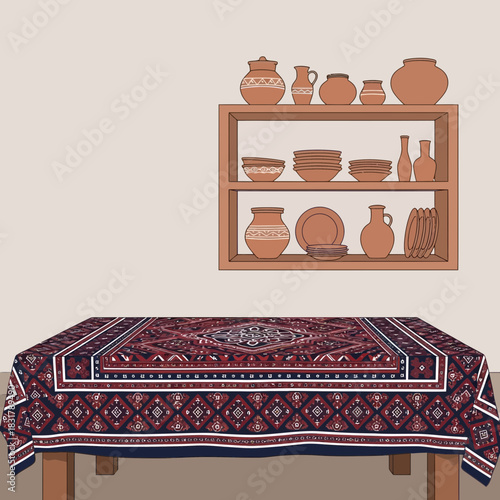 Artistic earthenware vessels arranged on a shelf above a detailed tablecloth