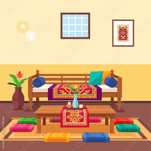 Artistic flat vector illustration of a traditional indian living room design