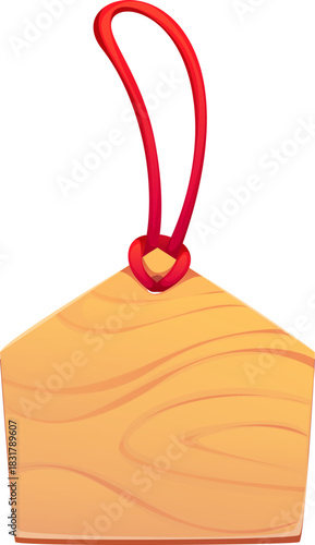 Cartoon Japanese wooden ema plaque with a red string. Isolated vector traditional Japanese New Year plate used at Shinto shrines, for writing prayers or wishes at temples and hang them as offerings