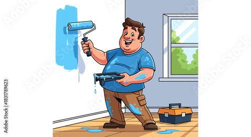 Happy man painting wall blue with roller.