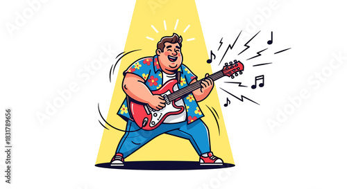 Energetic musician passionately playing electric guitar under bright spotlight on stage.
